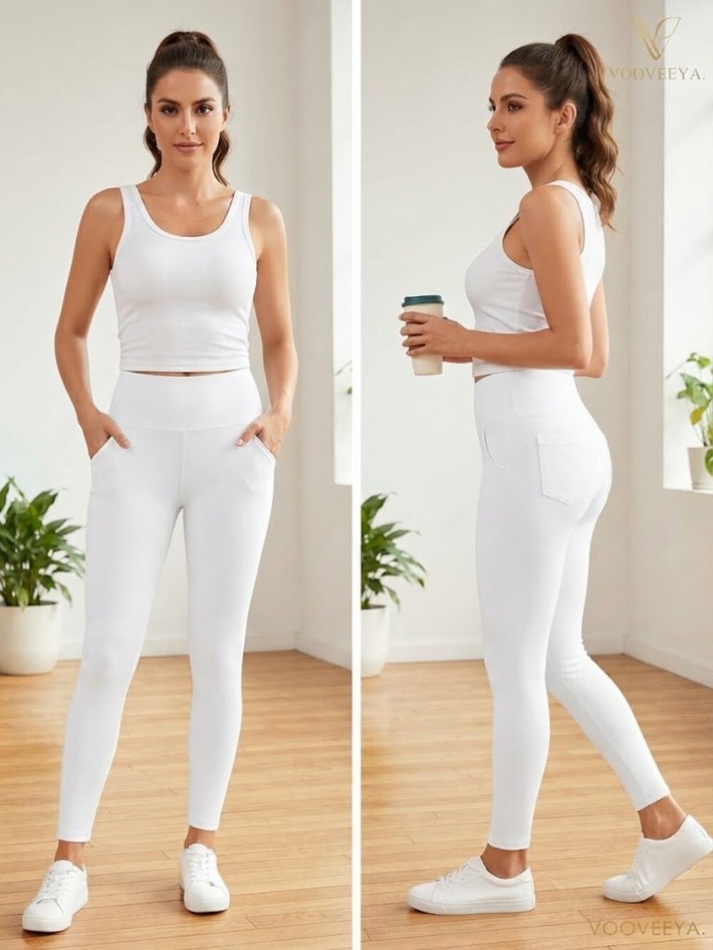 Vooveeya White High-Waist Stretchy Jeggings / Leggings w/ Pockets Size Medium